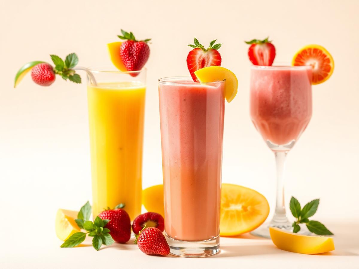 Fresh fruit smoothies in tall glasses garnished with strawberry and mango